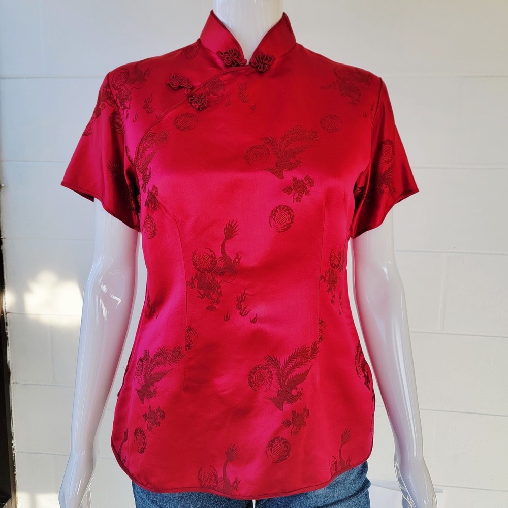Vintage 70s Red Magenta Satin‎ Asian Style Short Sleeve Blouse Top Women Size S